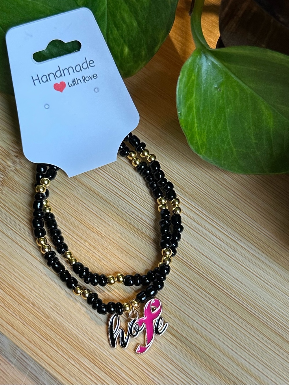 🎀Breast Cancer Awareness 2-PC Stretchy Bracelet Set | Handmade |Dangle Charm🎀‎